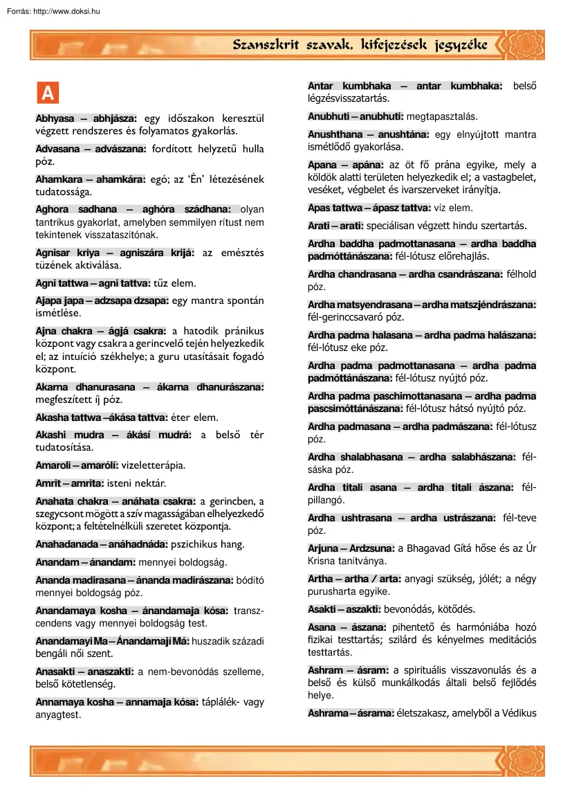 Szanszkrit szavak, kifejezések jegyzéke