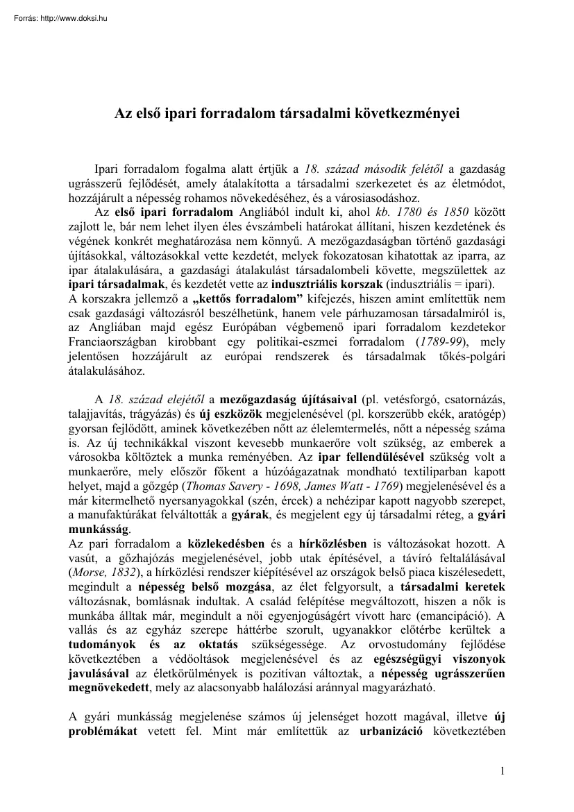 Az első ipari forradalom társadalmi következményei