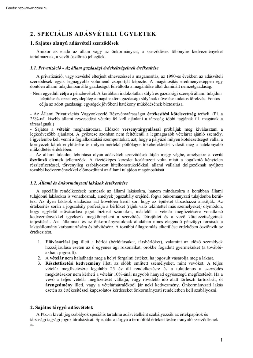 Kereskedelmi jog, speciális adásvételi ügyletek