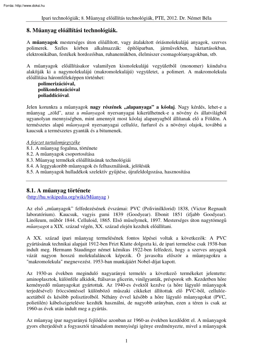 Dr. Német Béla - Műanyag előállítási technológiák