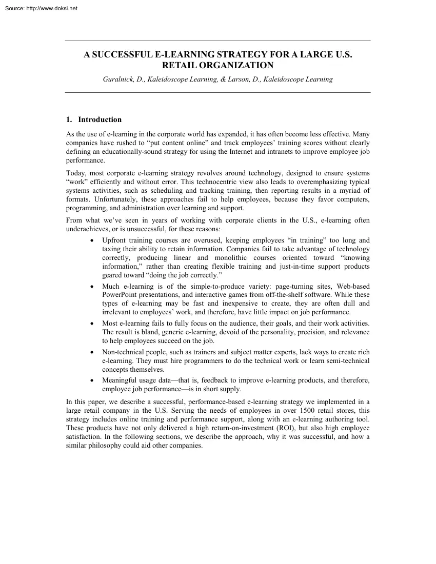 A Successful E-learning Strategy for a Large U.S Retail Organization