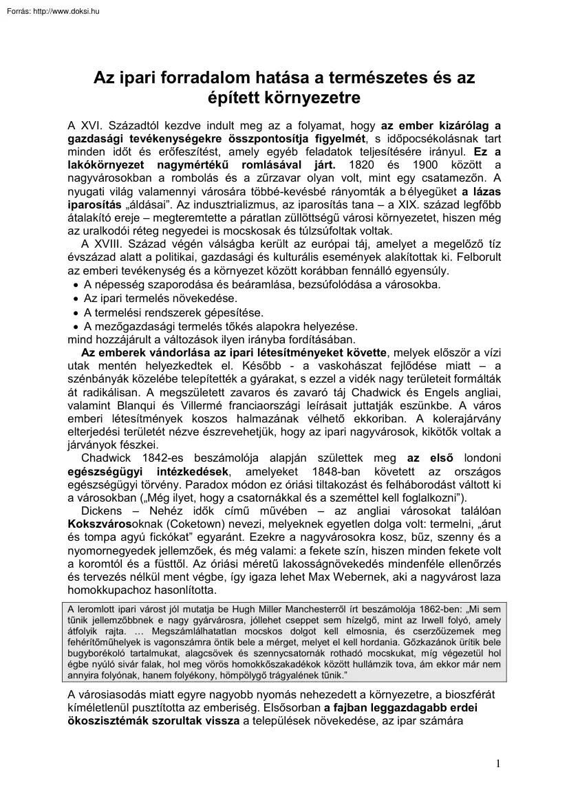 Az ipari forradalom hatása a természetes és az épített környezetre