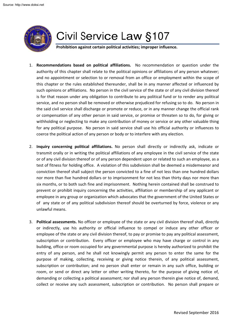 Civil Service Law Paraghraph 107, Prohibition Against Certain Political Activities, Improper