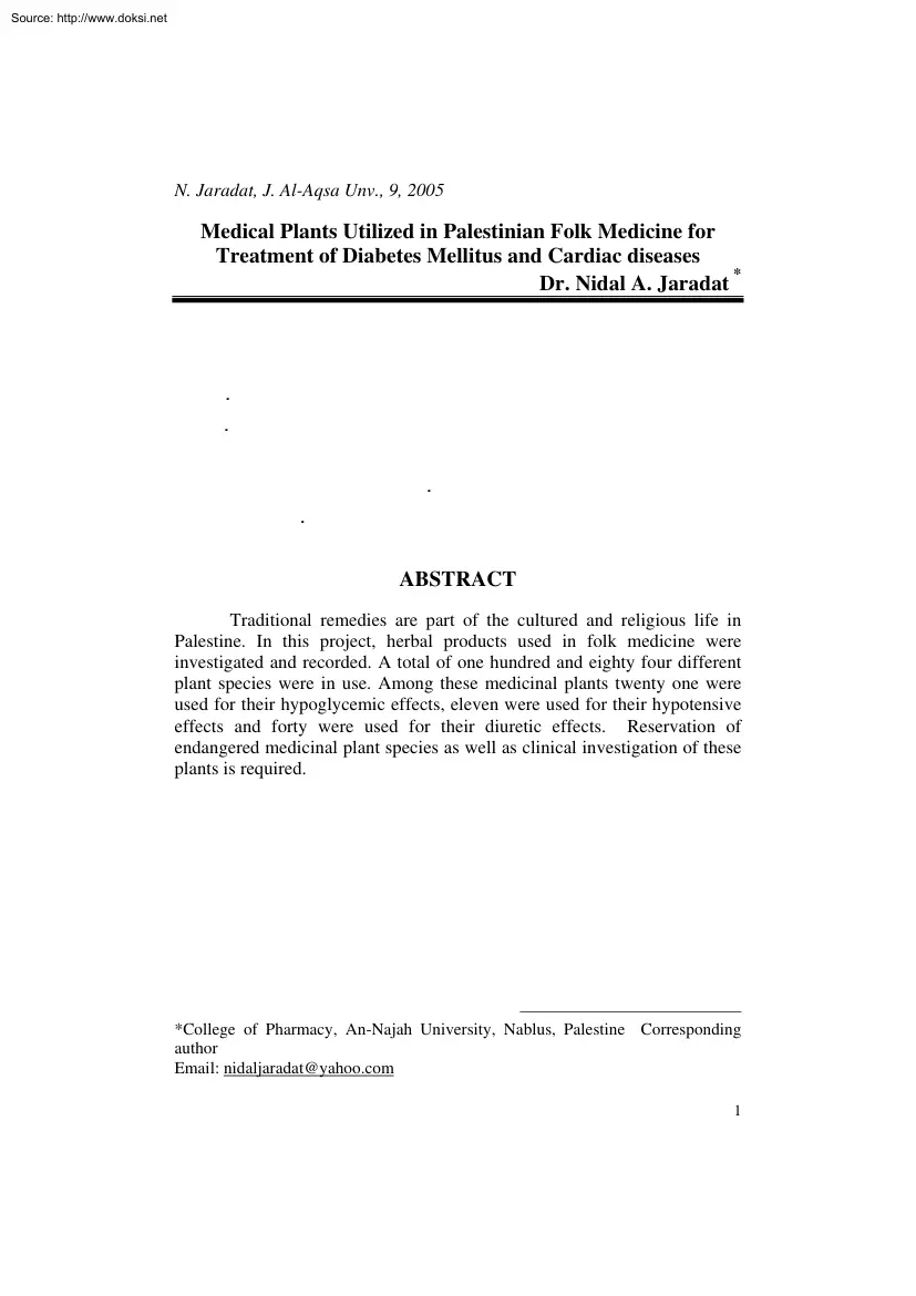 Dr. Nidal A. Jaradat - Medical Plants Utilized in Palestinian Folk Medicine for Treatment of