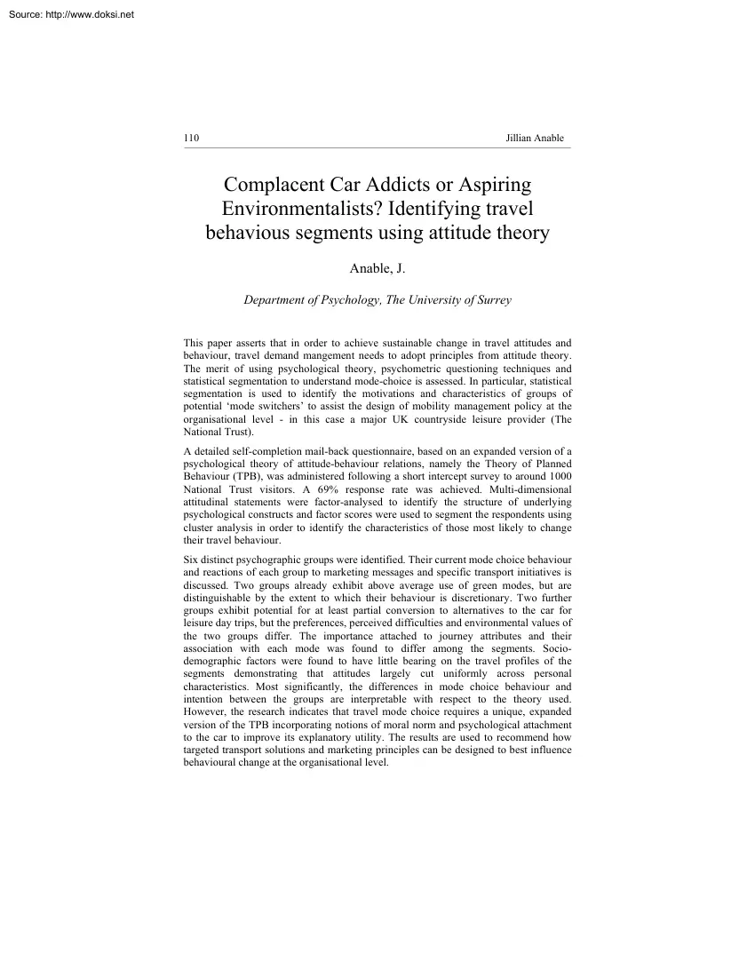 Anable J. - Complacent Car Addicts or Aspiring Environmentalists, Identifying Travel Behavious