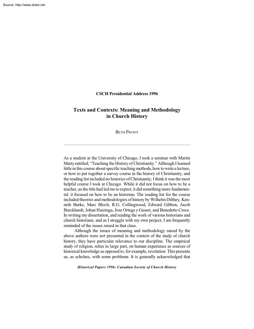 Beth Profit - Texts and Contexts, Meaning and Methodology in Church History