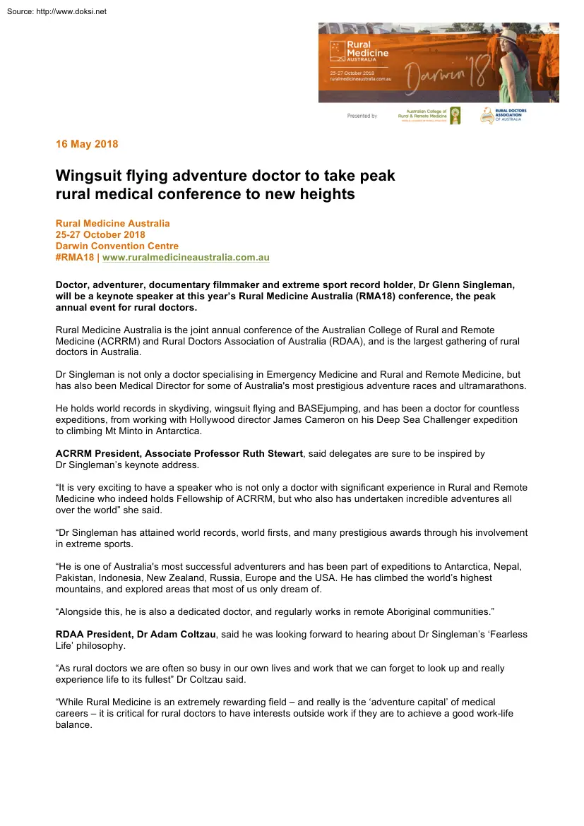 Wingsuit Flying Adventure Doctor to Take Peak Rural Medical Conference to New Heights
