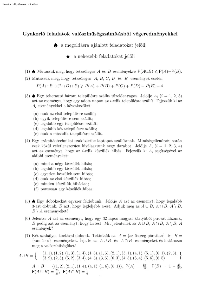 Gyakorló feladatok valószínűségszámításból, végeredményekkel