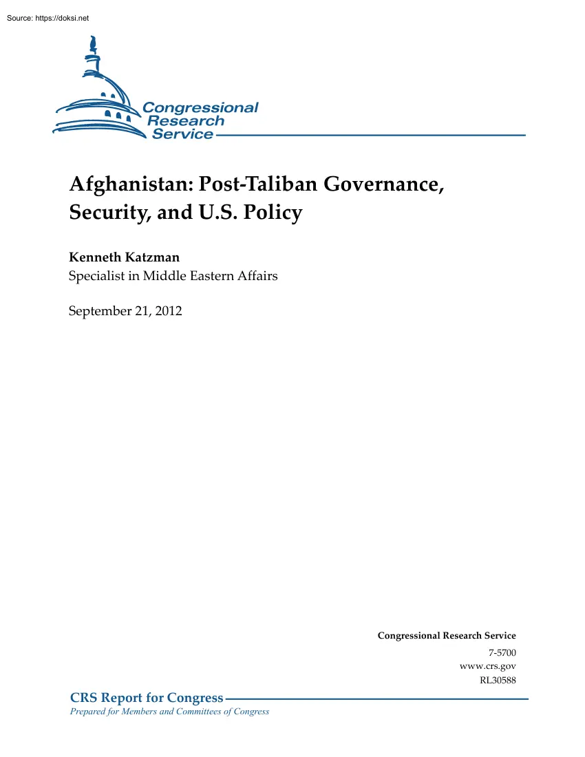 Kenneth Katzman - Afghanistan, Post-Taliban Governance, Security, and U.S. Policy