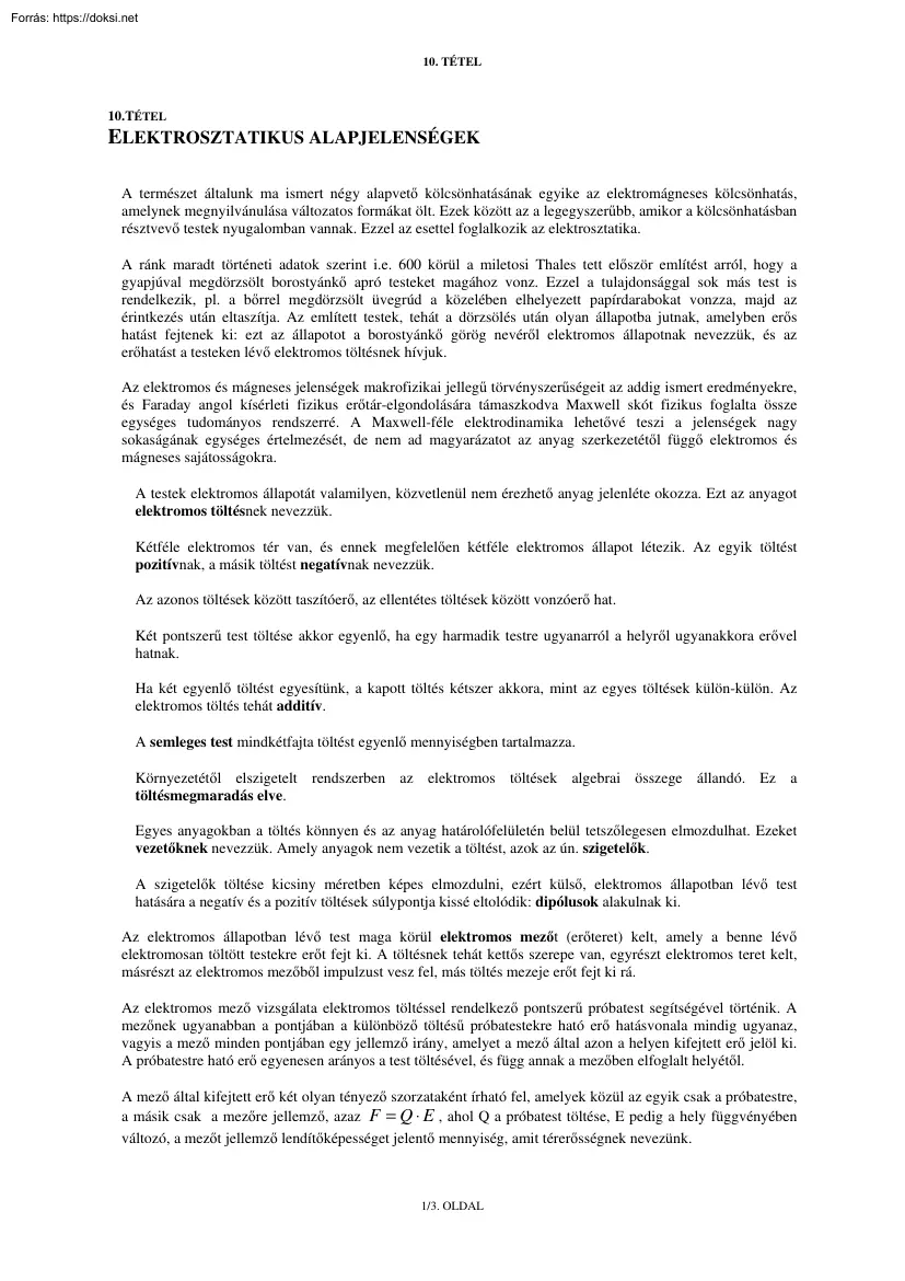 Elektrosztatikus alapjelenségek, tétel