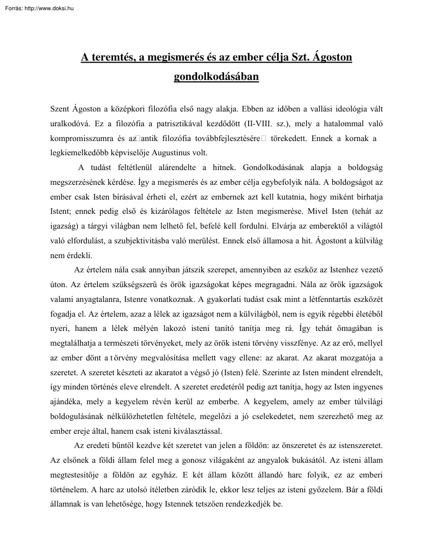 A teremtés, a megismerés és az ember célja Szent Ágoston gondolkodásában
