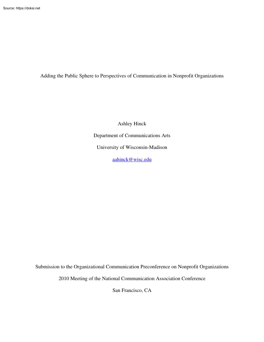 Ashley Hinck - Adding the Public Sphere to Perspectives of Communication in Nonprofit Organizations