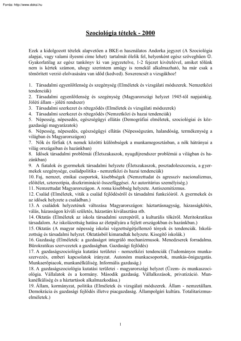 BKE Szociológia tételek, 2000