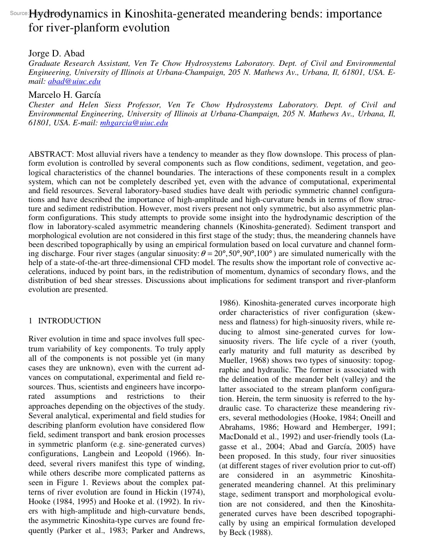 Hydrodynamics in Kinoshita-generated meandering bends, importance for river-planform evolution