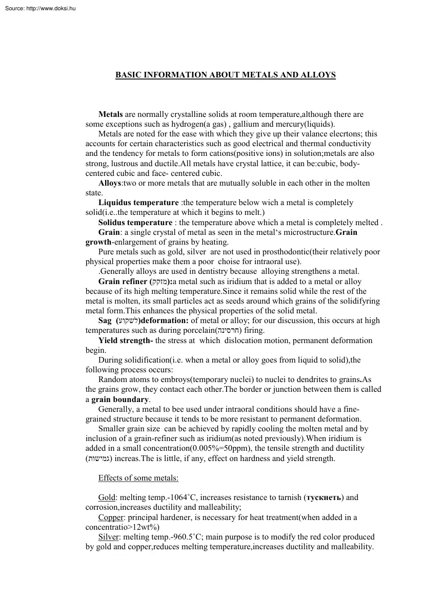 Basic information about metals and alloys
