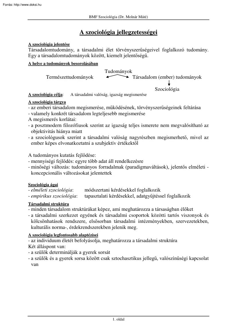Dr. Molnár Máté - A szociológia jellegzetességei