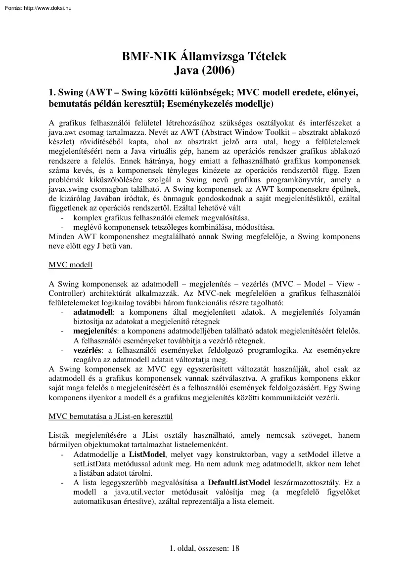 BMF-NIK Államvizsga tételek, java, 2006