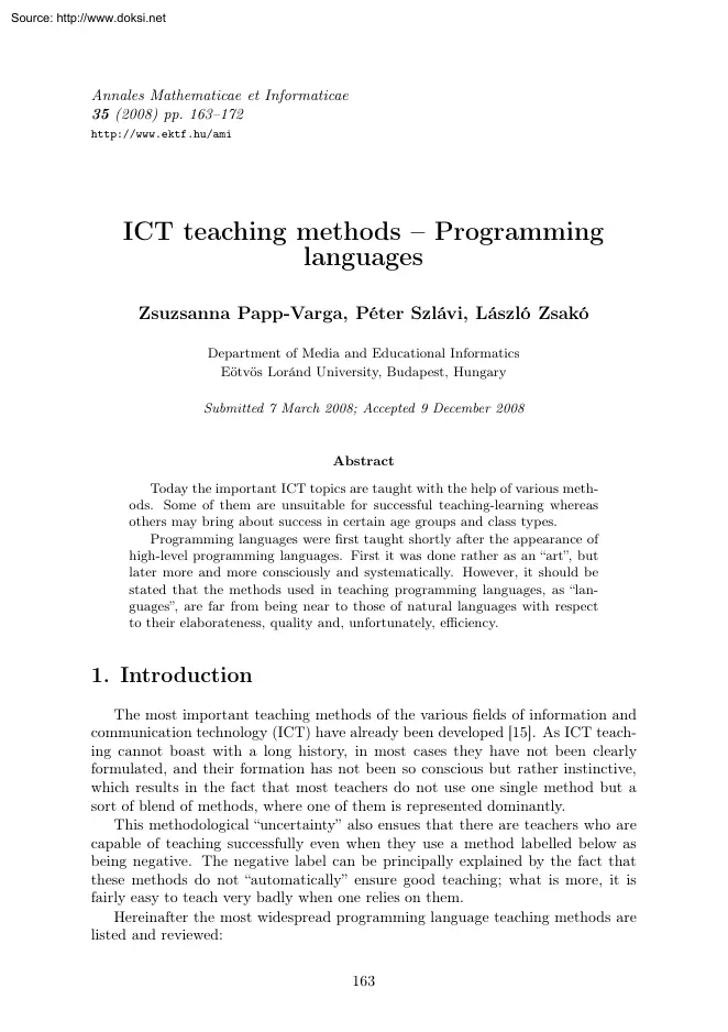 Varga-Szlávi-Zsakó - ICT Teaching Methods, Programming Languages