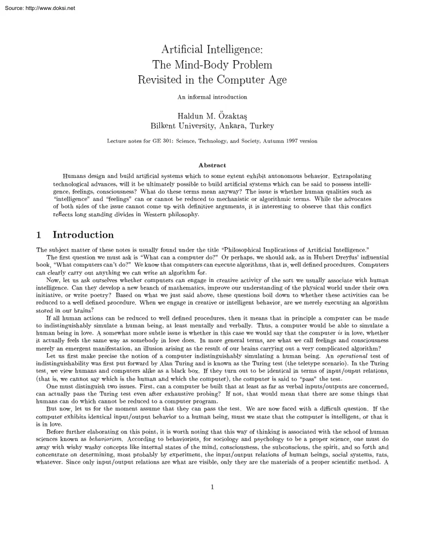 Haldun M. Özaktas - Artificial Intelligence, The Mind Body Problem Revisited in the Computer Age