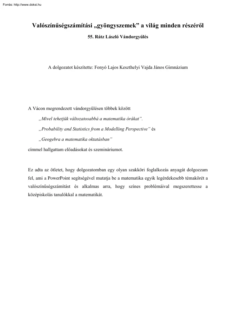 Fonyó Lajos - Valószínűségszámítási gyöngyszemek a világ minden részéről