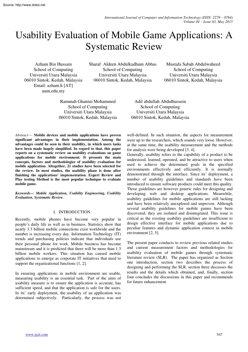 Hussain-Abbas-Abdulwaheed - Usability Evaluation of Mobile Game Applications, A Systematic Review