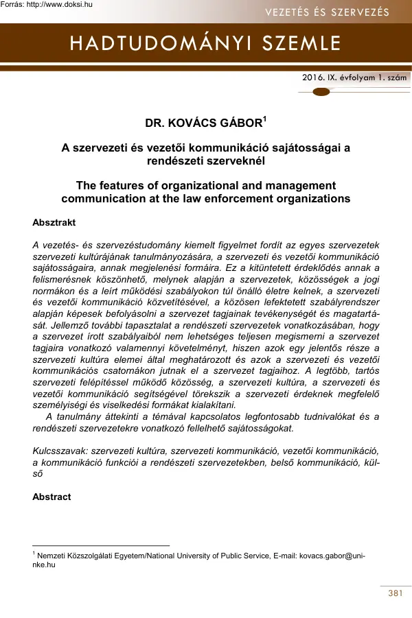Dr. Kovács Gábor - A szervezeti és vezetői kommunikáció sajátosságai a rendészeti