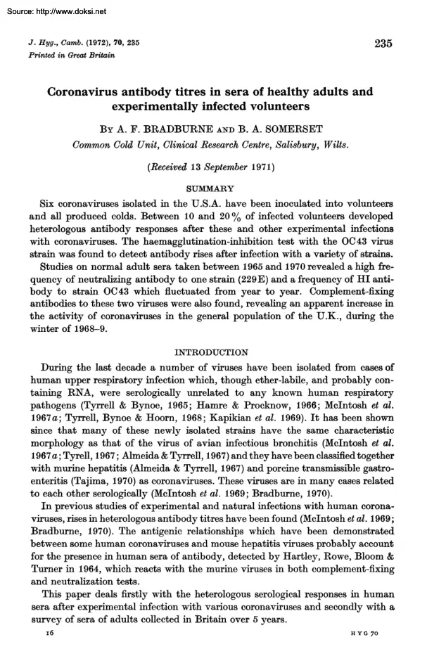 Bradburne-Somerset - Coronavirus Antibody Titres in Sera of Healthy Adults and Experimentally