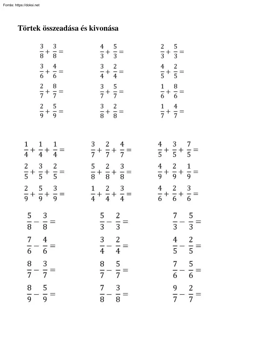 Törtek összeadása és kivonása