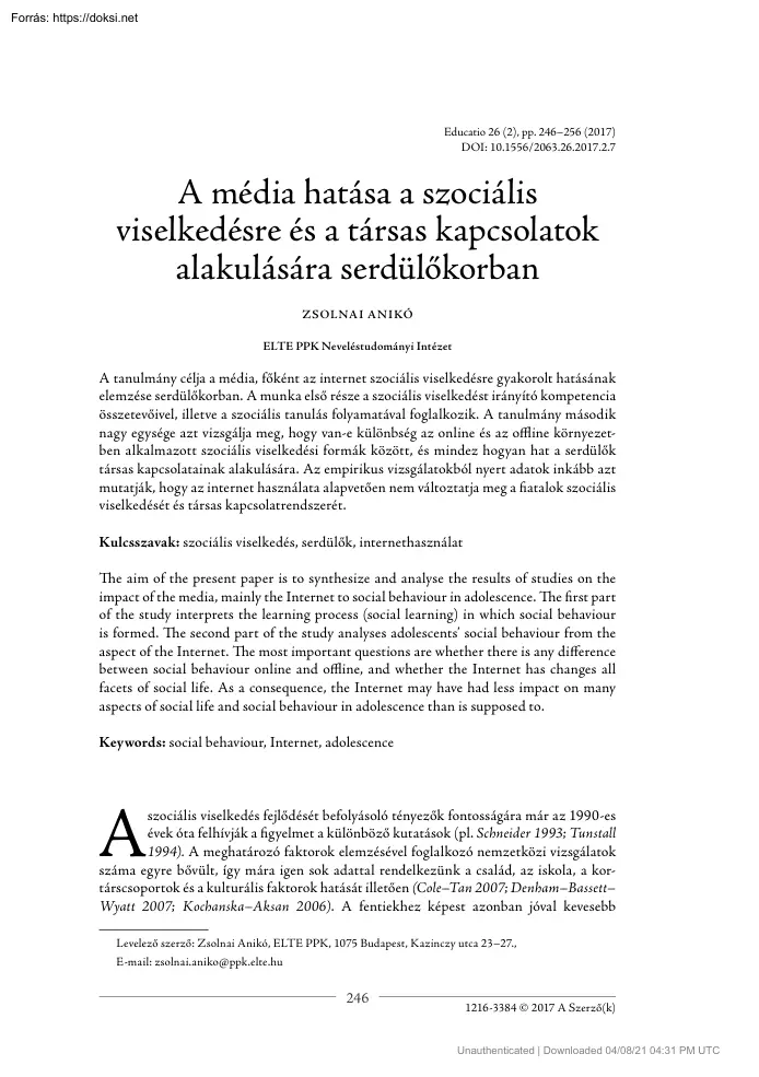 Zsolnai Anikó - A média hatása a szociális viselkedésre és a társas kapcsolatok