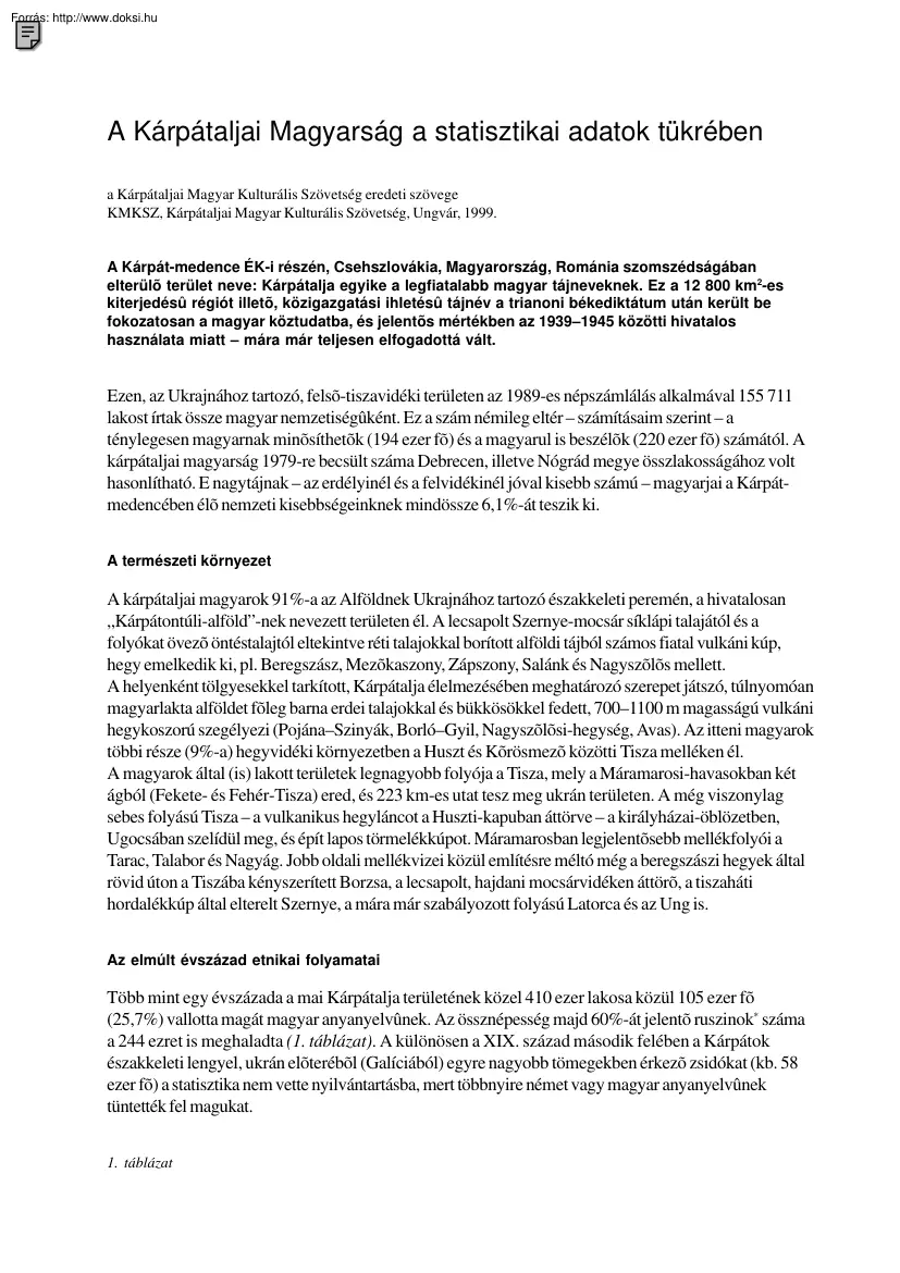 A Kárpátaljai Magyarság a statisztikai adatok tükrében