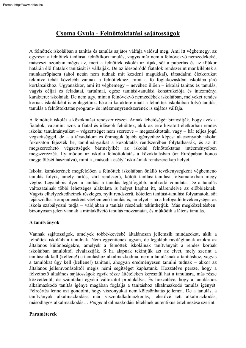 Csoma Gyula - Felnőttoktatási sajátosságok