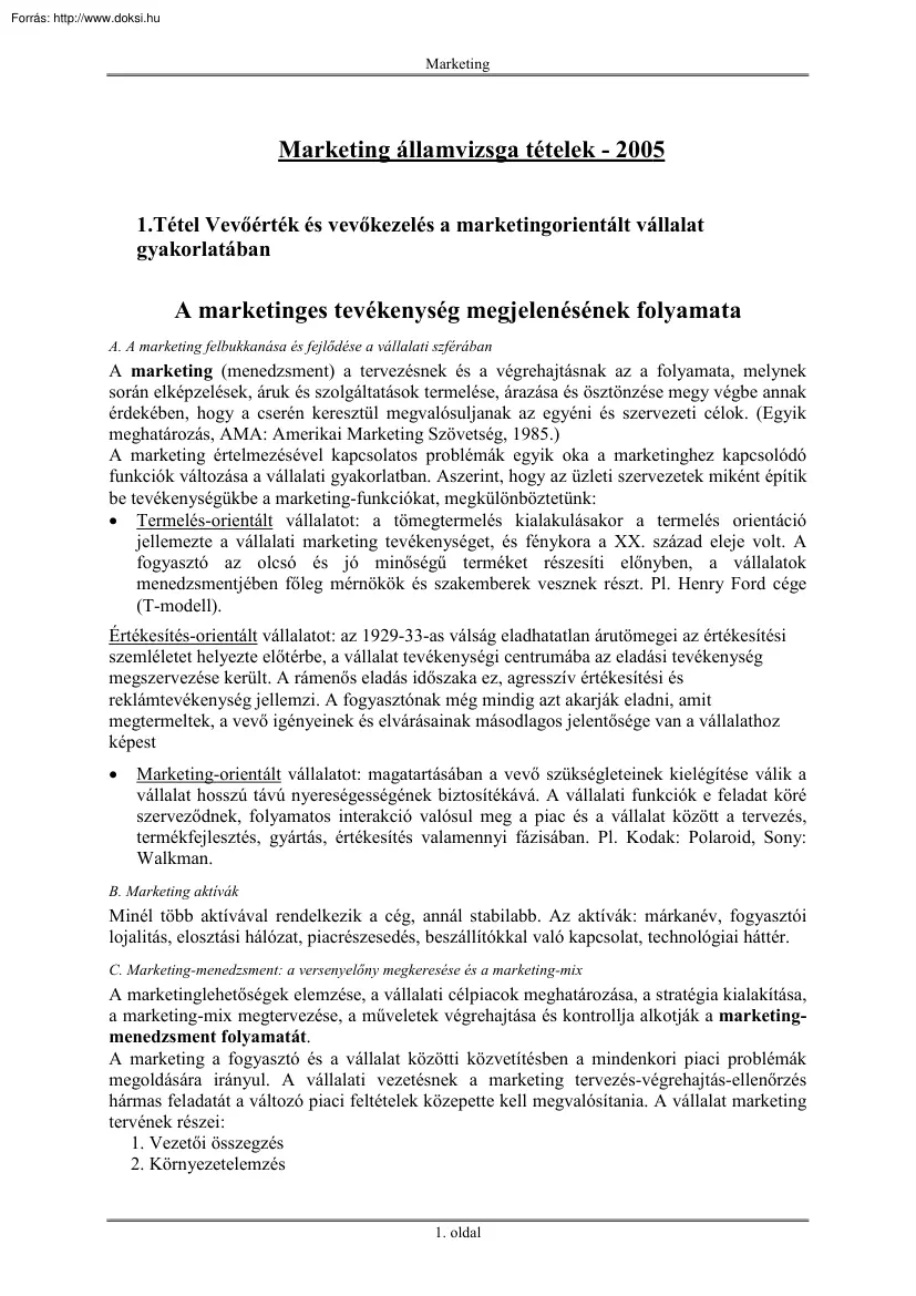 Marketing államvizsga tételek, 2005
