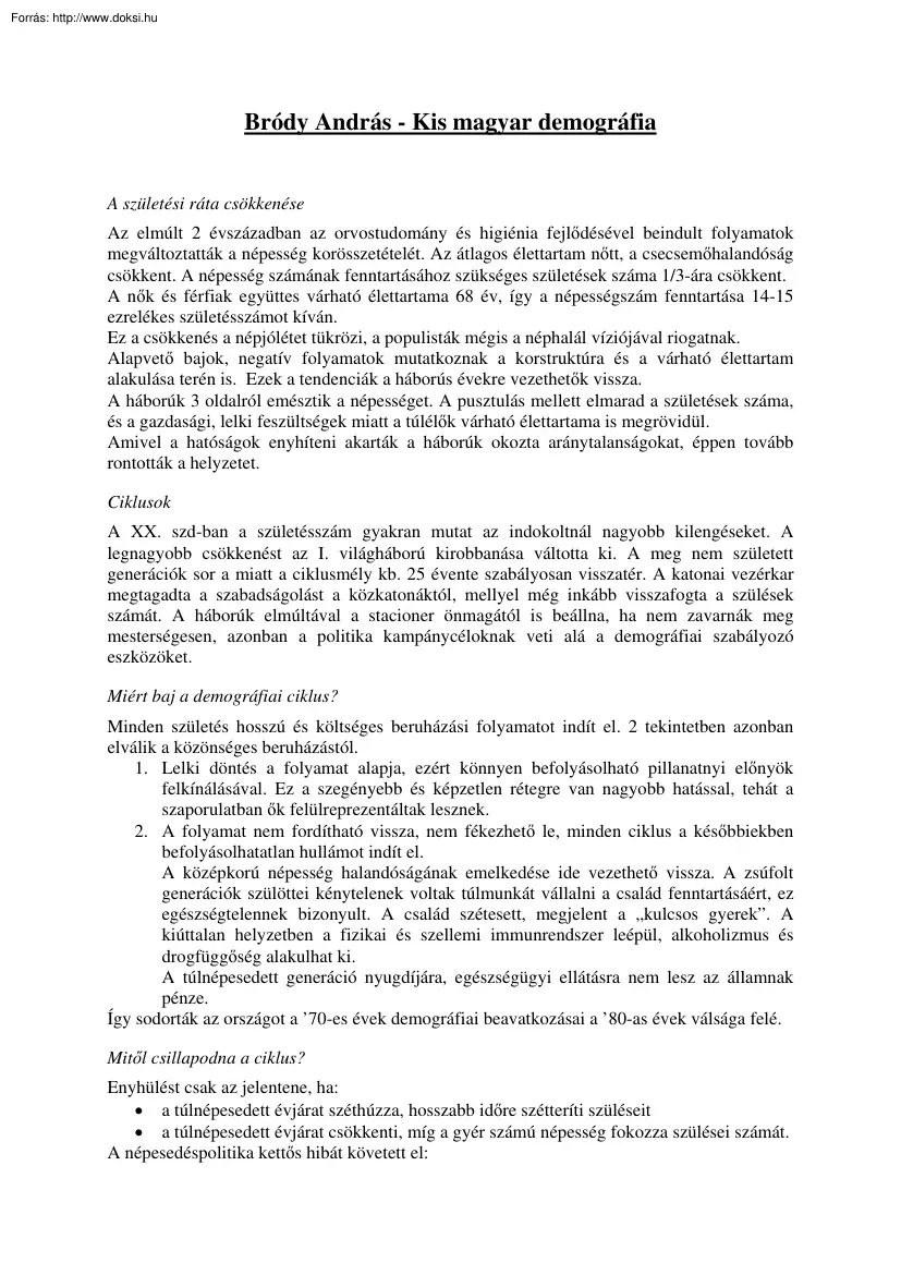 Bródy András - Kis magyar demográfia
