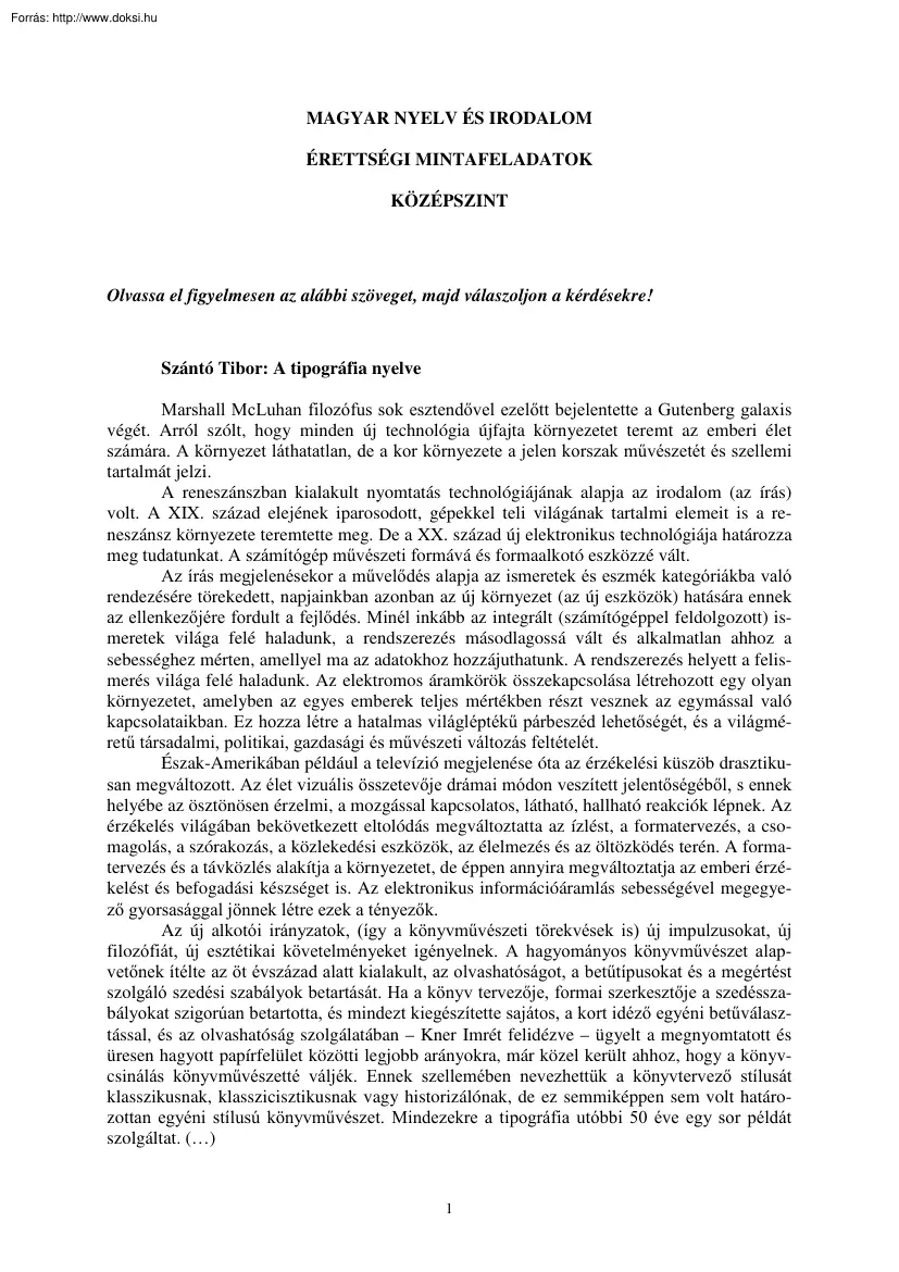 Magyar nyelv és Irodalom középszintű érettségi mintafeladatsor megoldással, 2004