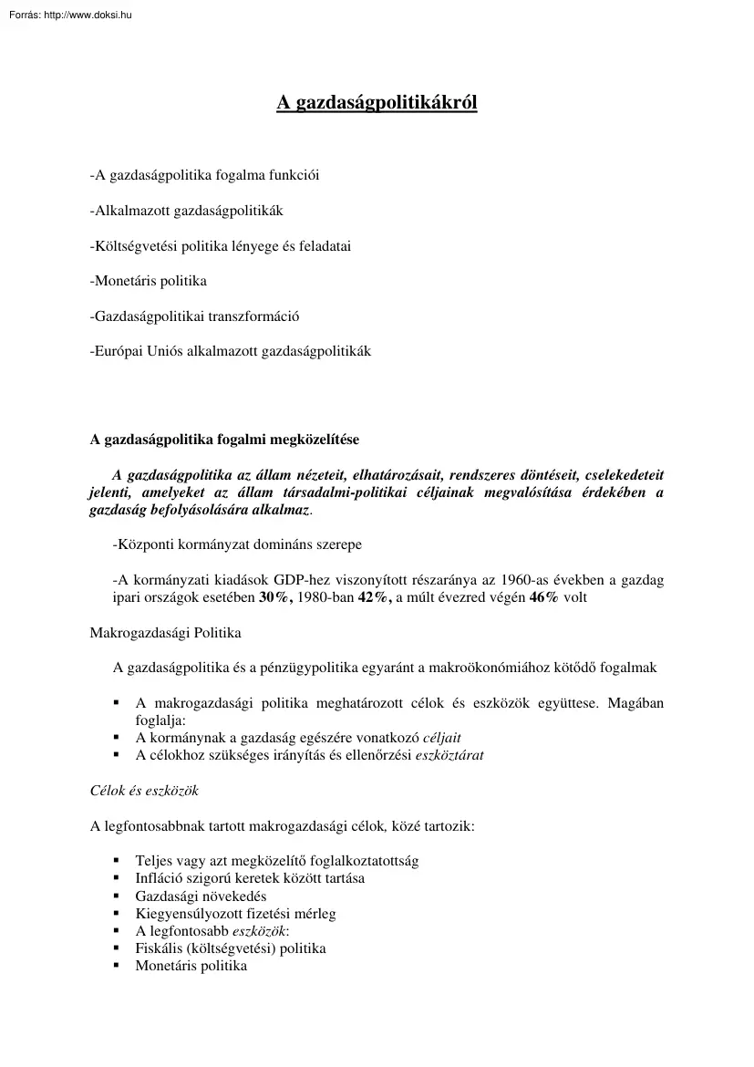 A gazdaságpolitikákról