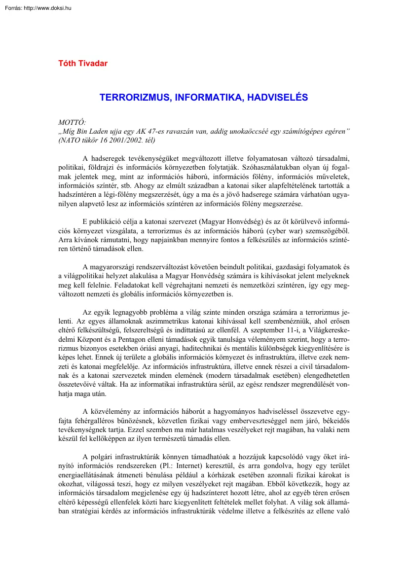Tóth Tivadar - Terrorizmus, informatika, hadviselés