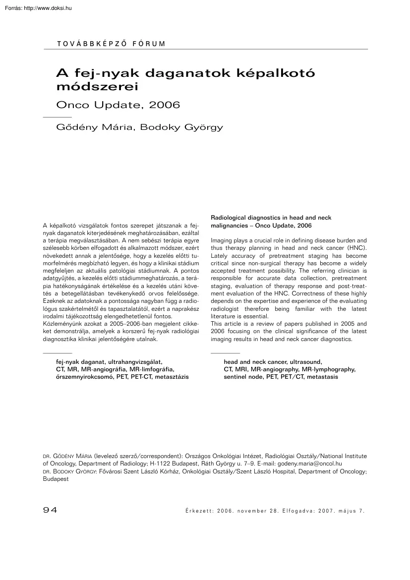 Gődény-Bodoky - A fej-nyak daganatok képalkotó módszerei