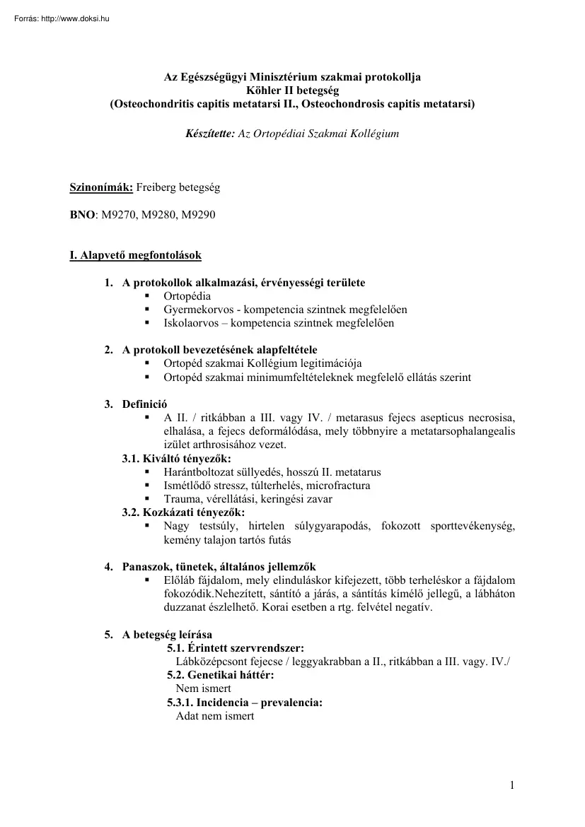 Köhler betegség, Osteochondritis capitis metatarsi