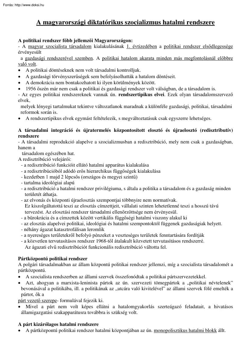 A magyarországi diktatórikus szocializmus hatalmi rendszere