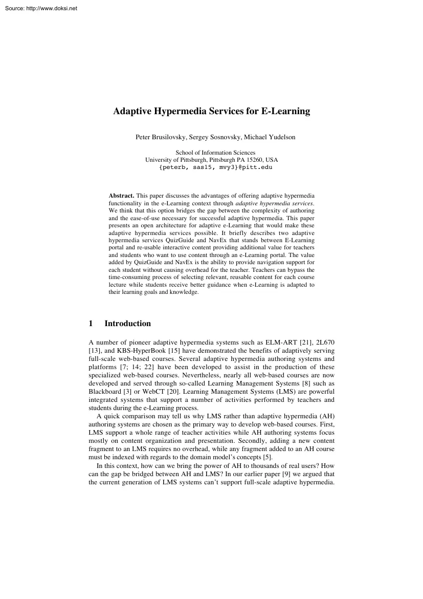 Brusilovsky-Sosnovsky-Yudelson - Adaptive Hypermedia Services for E-Learning