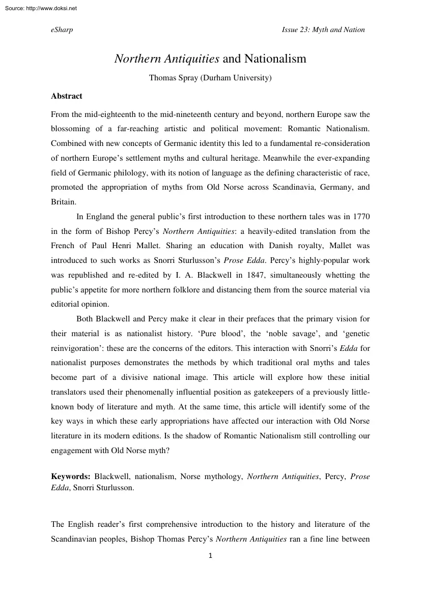 Thomas Spray - Northern Antiquities and Nationalism