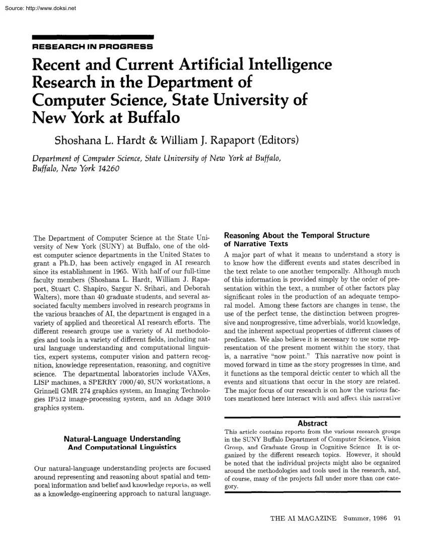 Hardt-Rapaport - Recent and Current Artificial Intelligence Research in the Department of Computer