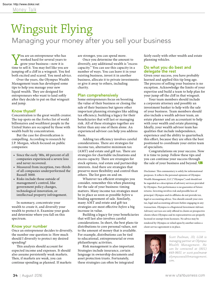 Wingsuit Flying, Managing Your Money After You Sell Your Business