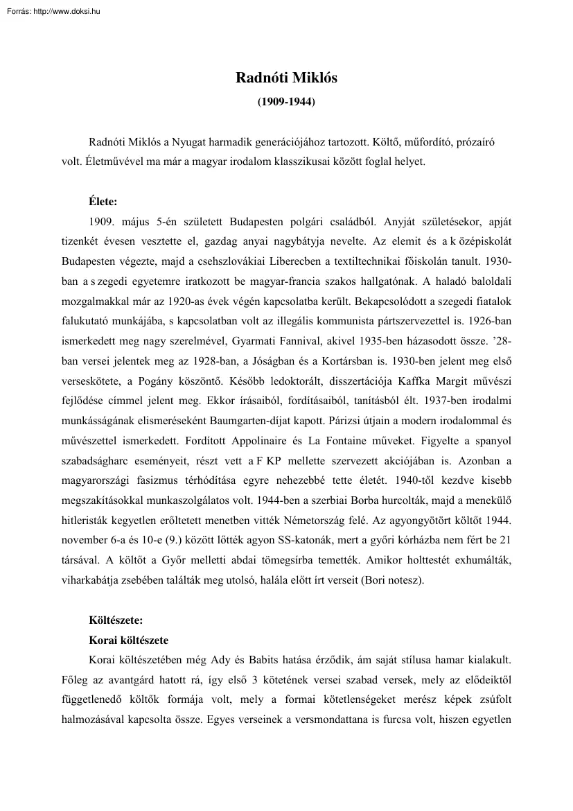 Radnóti Miklós élete és műveinek elemzése