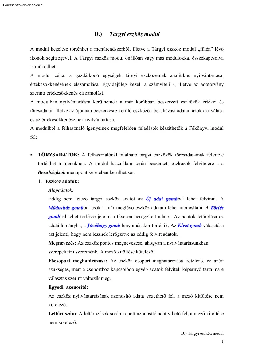 Tárgyi eszköz modul