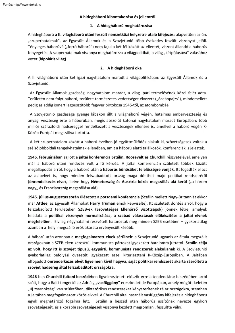 Molnár Zsolt - A hidegháború kibontakozása és jellemzői