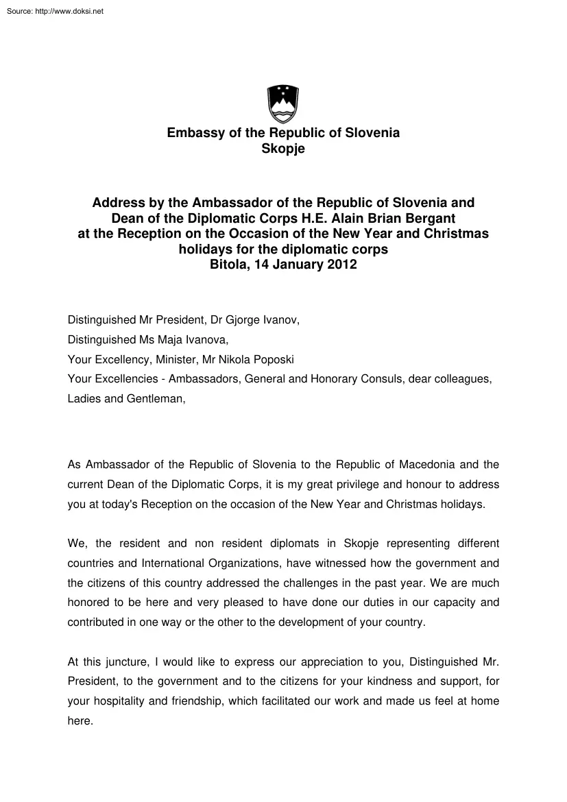 Dr Gjorge Ivanov - Address by the Ambassador of the Republic of Slovenia and Dean of the Diplomatic