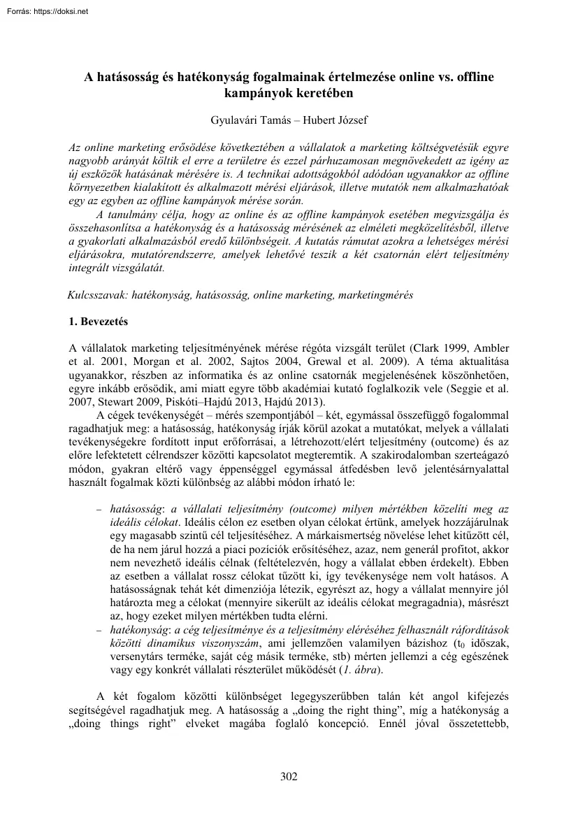 Gyulavári-Hubert - A hatásosság és hatékonyság fogalmainak értelmezése online vs. offline