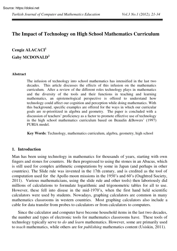 Alacaci-Mcdonald - The Impact of Technology on High School Mathematics Curriculum