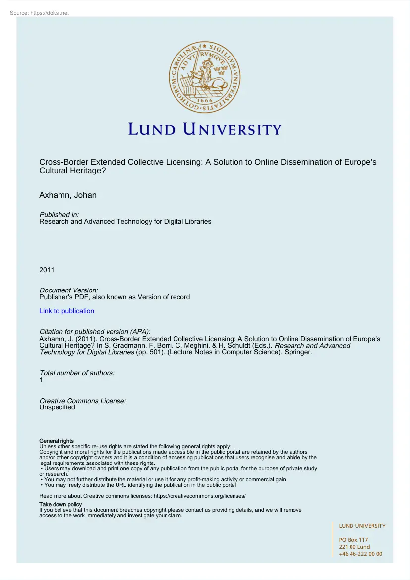 Johan Axhamn - Cross-Border Extended Collective Licensing, A Solution to Online Dissemination of